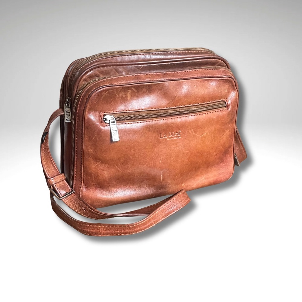 VTG La Diva Cognac Leather Crossbody Satchel • Equestrian, Multi-Compartment